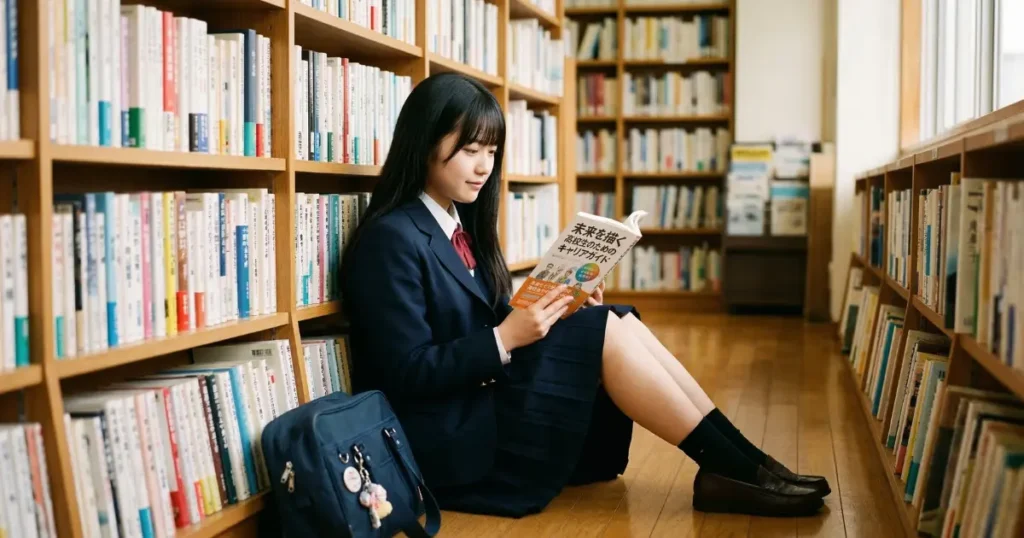 図書館の書棚のあいだで進路の本を読みながら自分の未来を模索する18歳の女子高校生