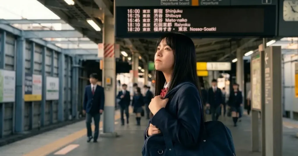 放課後の駅のホームで自分の進む道を静かに考えている18歳の女子高校生