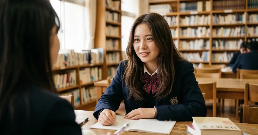 図書室で相手の話に真剣に耳を傾けている18歳の女子高校生