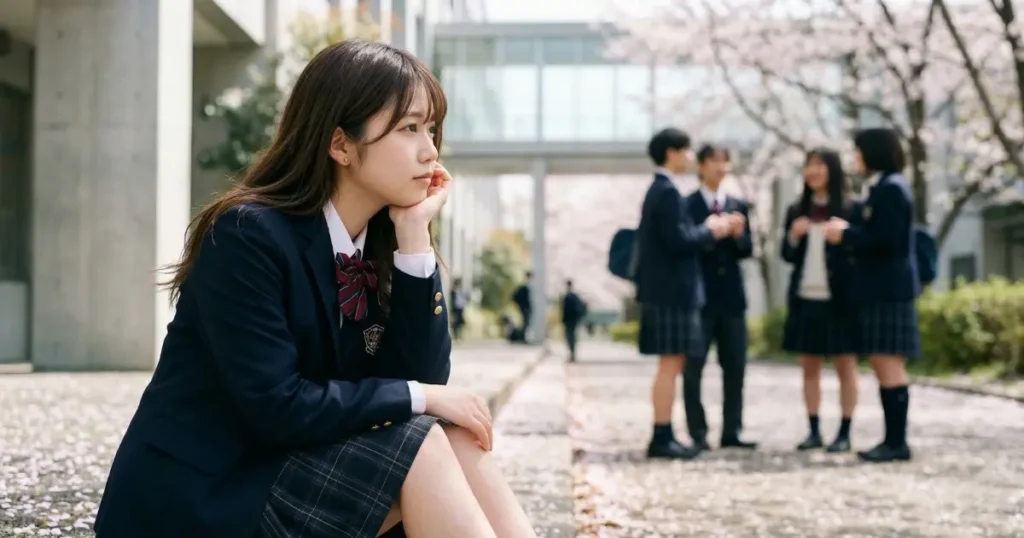 昼休みに校舎の外の段差に座りクラスメイトの会話を穏やかに眺めている18歳の女子高校生