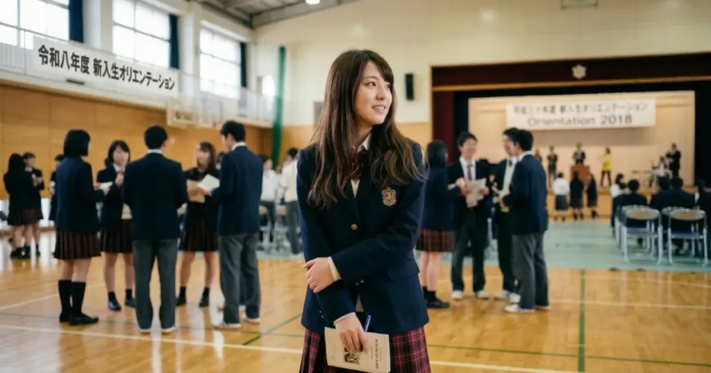 体育館のオリエンテーションで周囲のグループを見ながら緊張した表情の18歳の女子高校生