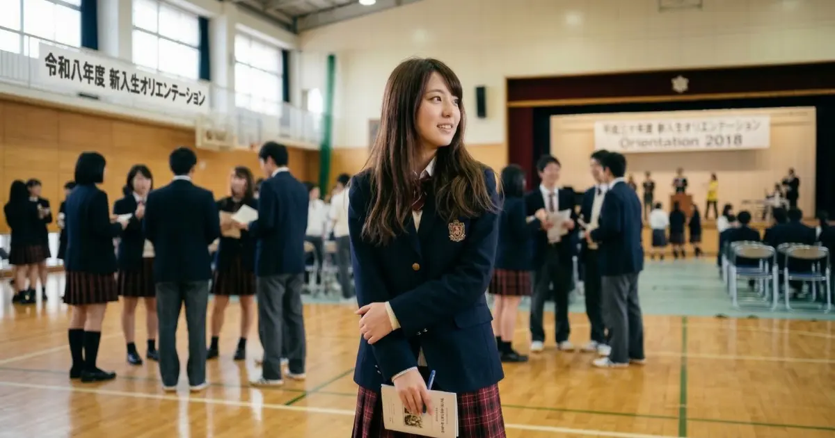 体育館のオリエンテーションで周囲のグループを見ながら緊張した表情の18歳の女子高校生