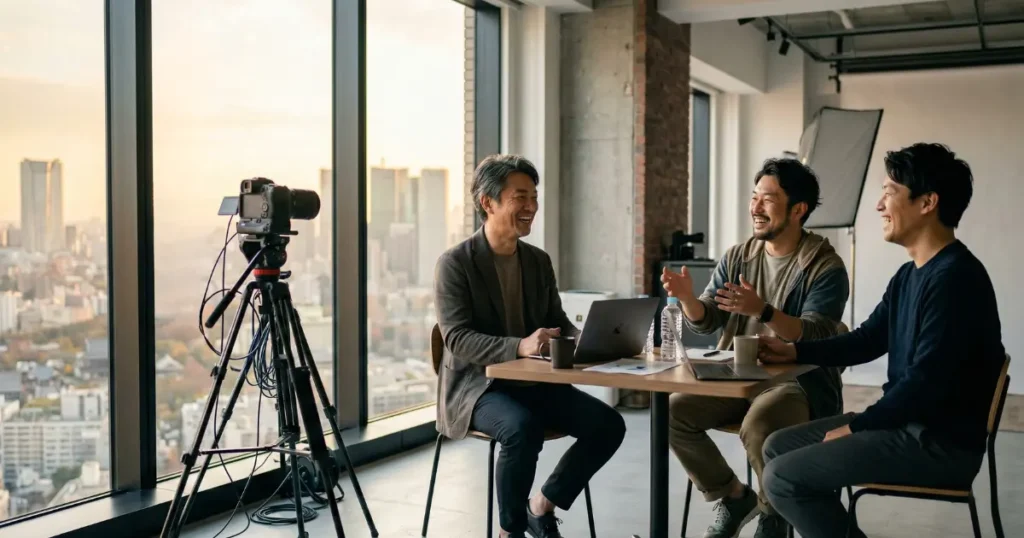 経営者プライムの取材風景 レンタルスタジオでの対談の様子