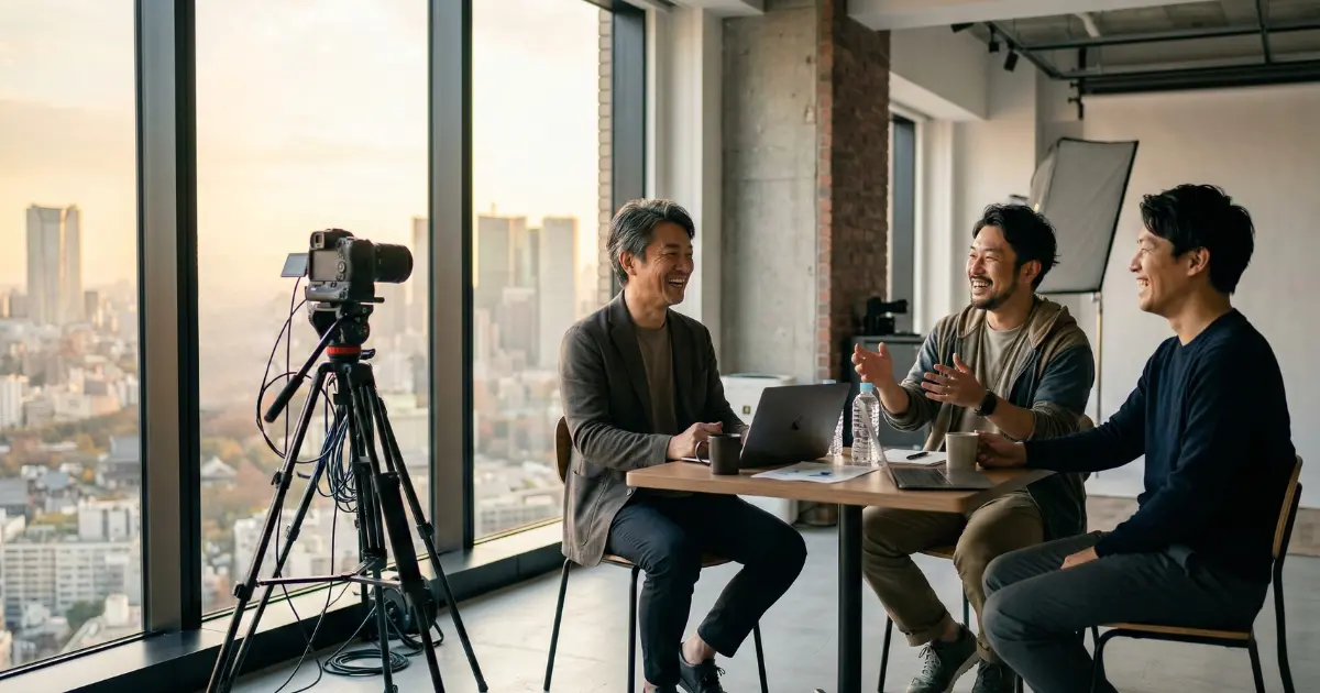 経営者プライムの取材風景 レンタルスタジオでの対談の様子