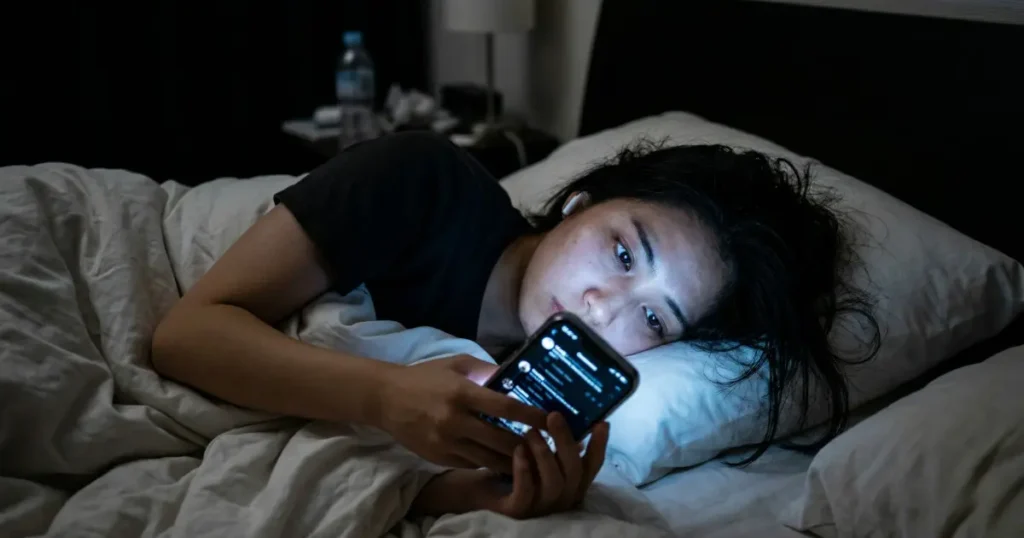 深夜にスマホの光に照らされながら眠れない女性