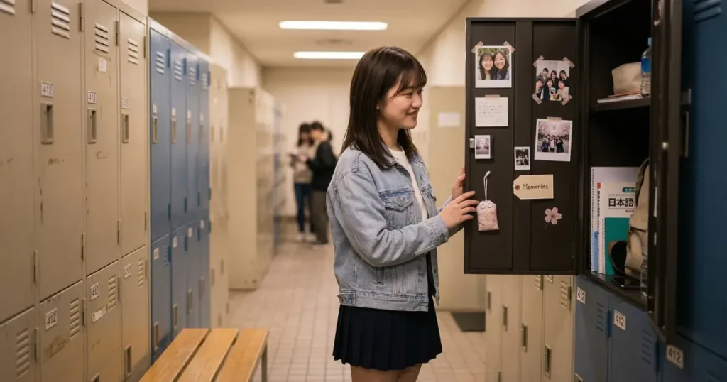 大学のロッカーに貼られた写真や思い出の品を温かい表情で見つめる20歳の日本人女子大学生