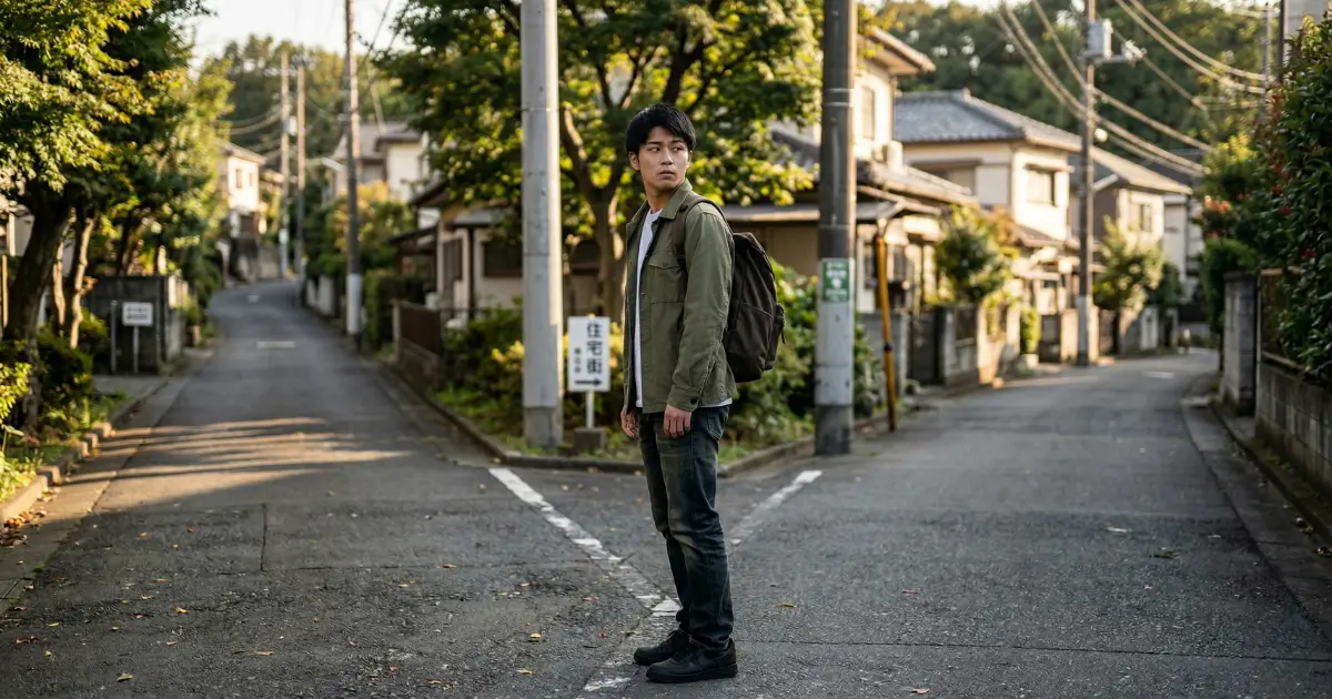 分かれ道で振り返り迷う若い男性の後ろ姿