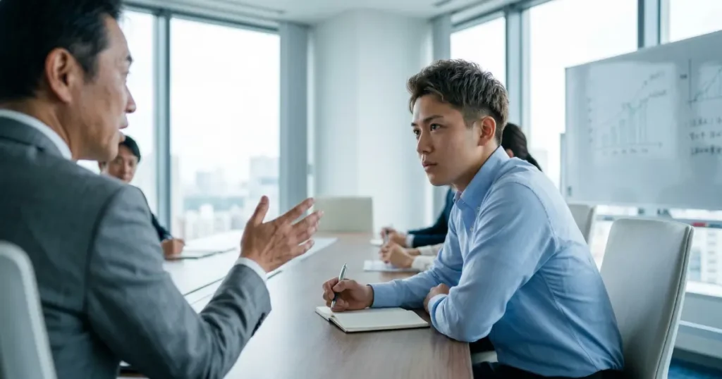 会議室で上司の話に真剣に耳を傾けている新社会人の日本人男性