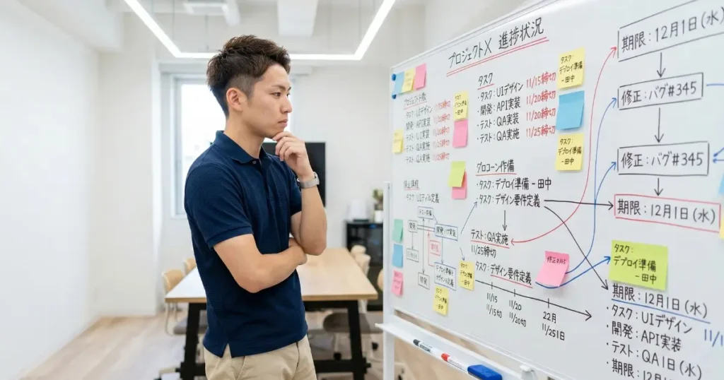 会議室のホワイトボードを前に、自分の課題を整理しようと集中している新社会人の日本人男性