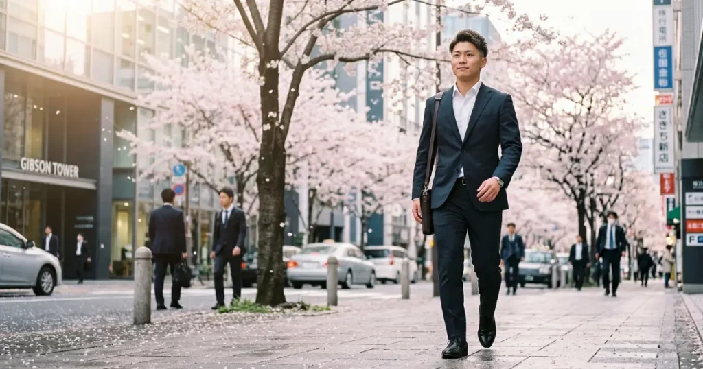 桜並木のビジネス街を朝の通勤で歩く、穏やかな自信を持った新社会人の日本人男性