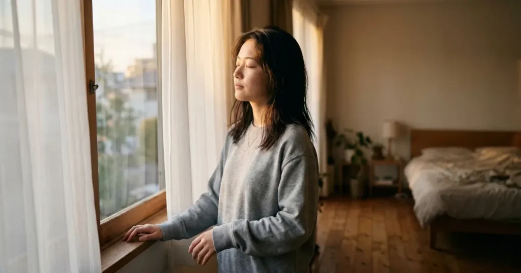 朝の光の中で静かに深呼吸する若い女性