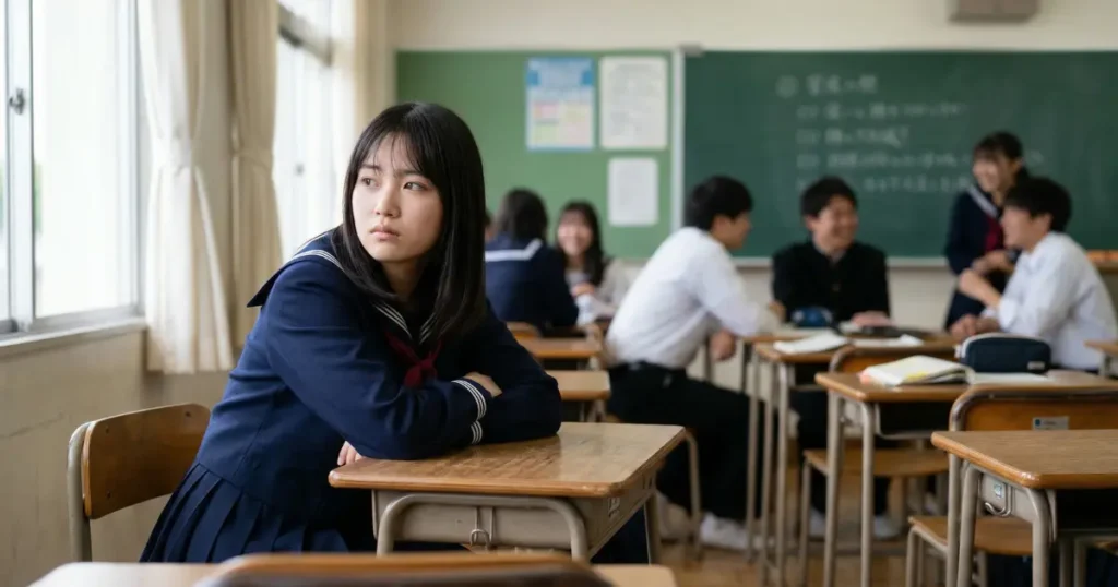 教室で周囲が気になり一人うつむく女子高校生