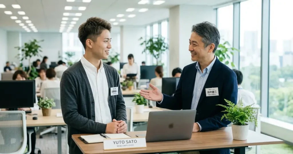 先輩社員に質問して安心した表情を浮かべる22歳の新入社員の男性