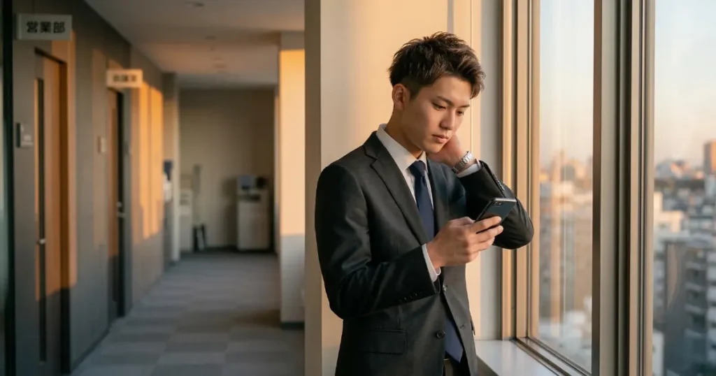 オフィスの廊下で立ち止まり勇気を整えている22歳の新入社員の男性