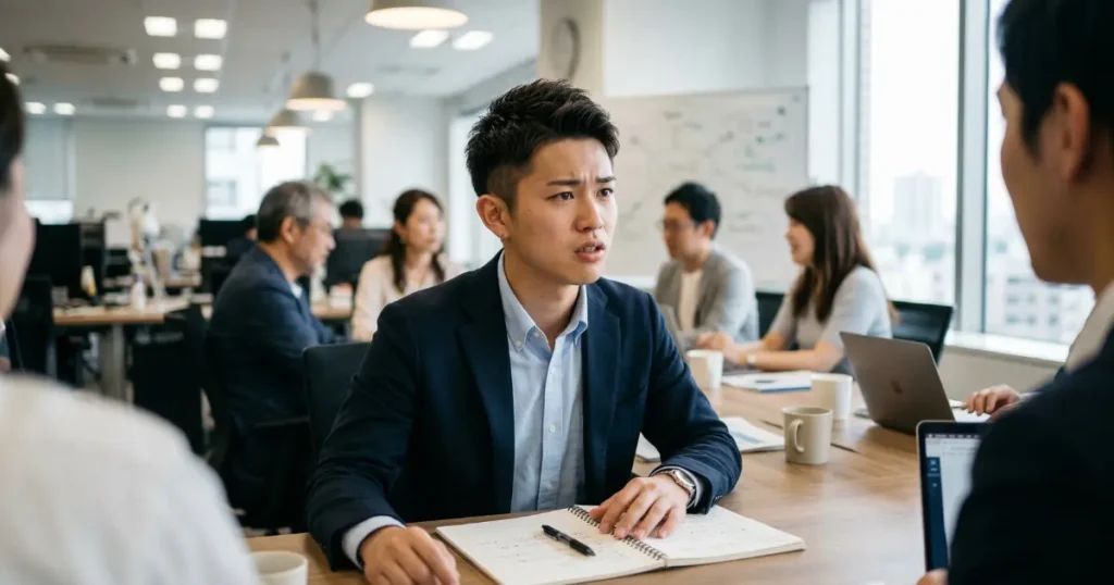 オフィスの朝会で質問したいのに言い出せず口を開きかけている22歳の新入社員の男性