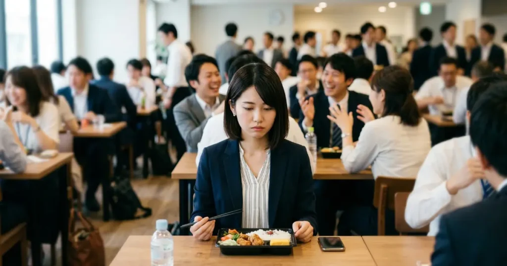 昼休みの社員食堂で周囲の雑談の輪に入れず静かに昼食をとる22歳の新社会人女性