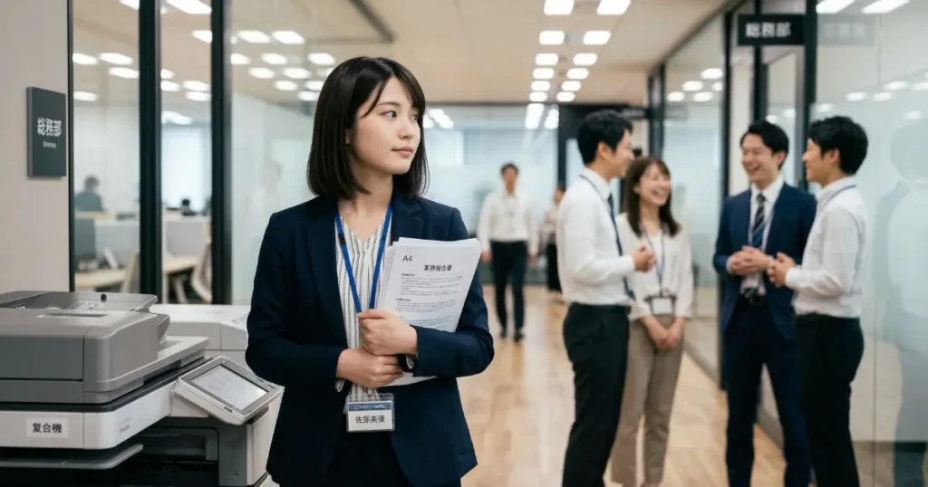 オフィスの廊下で同僚の会話を静かに観察している22歳の新社会人女性