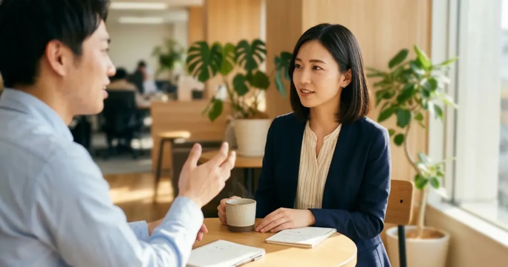 同僚と一対一で穏やかに話を聞いている22歳の新社会人女性