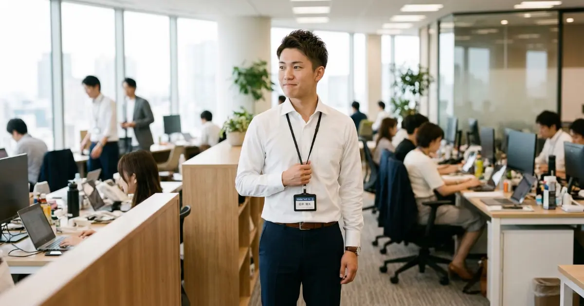 入社初日のオフィスで社員証を手に、緊張と決意が入り混じった表情の22歳の新社会人男性