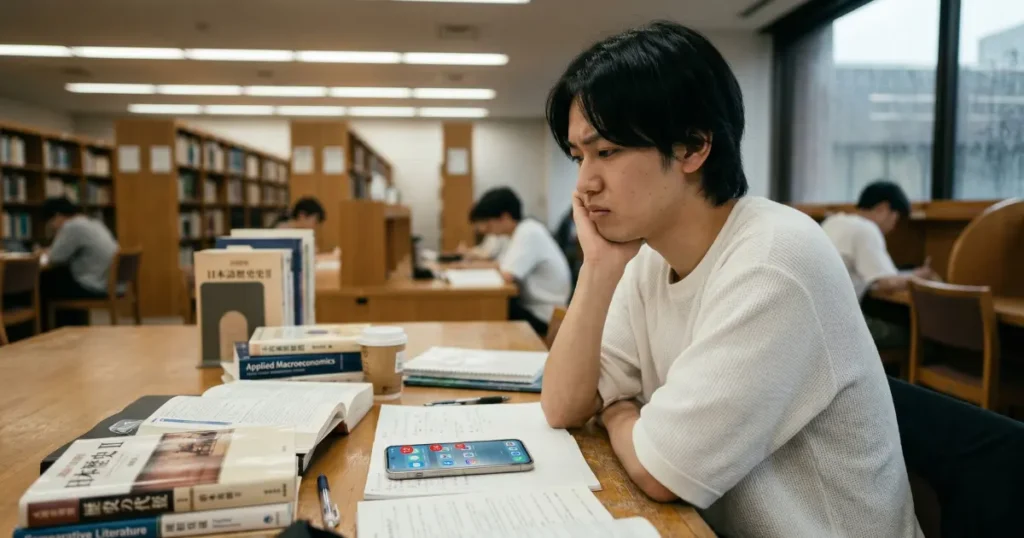 図書館の勉強机でスマホの通知に気を取られる大学生の男性