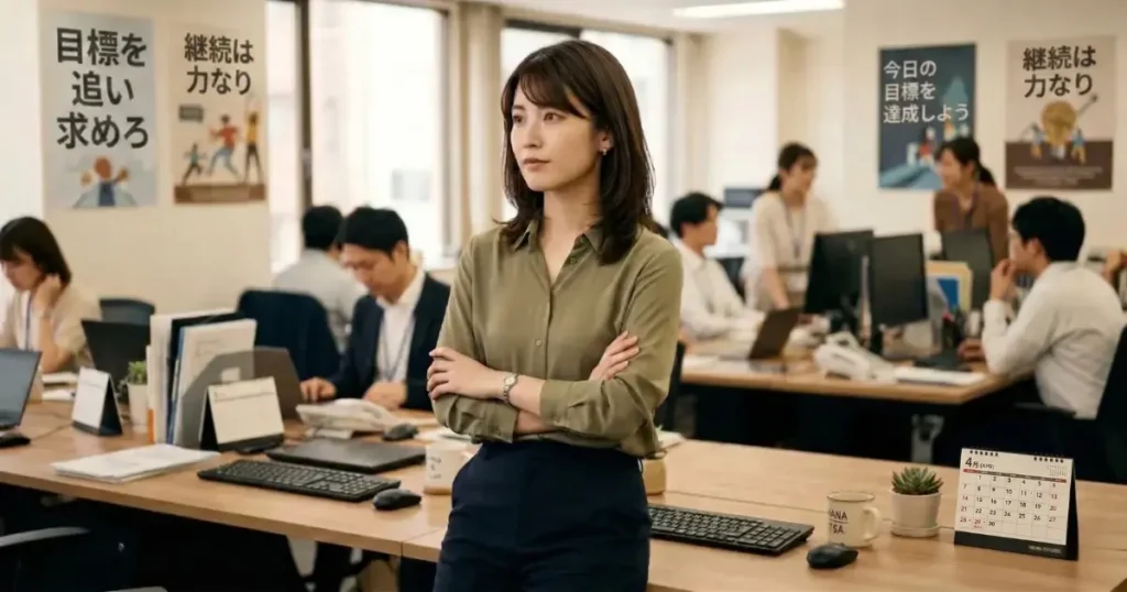 4月のカレンダーが見えるオフィスで、静かな意志を持った表情で佇む27歳の日本人女性