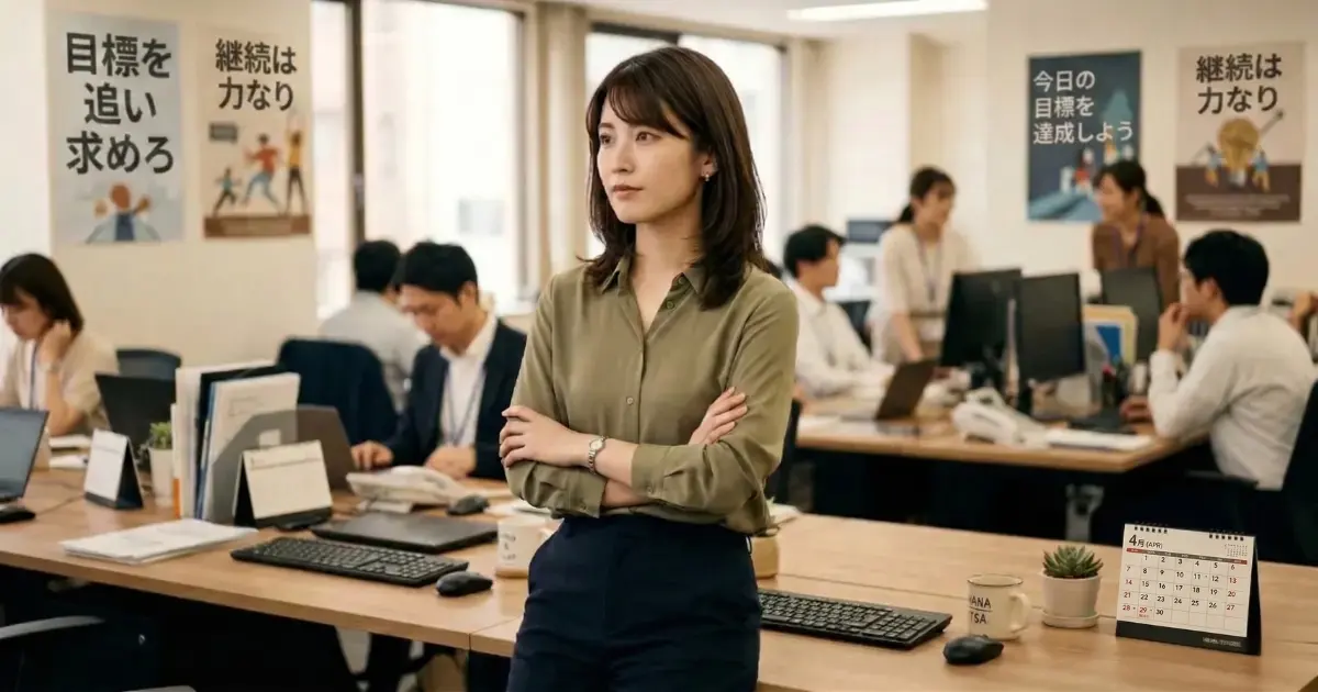 4月のカレンダーが見えるオフィスで、静かな意志を持った表情で佇む27歳の日本人女性