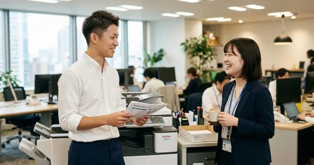 オフィスのプリンター付近で同僚と自然体で会話する新社会人の日本人男性