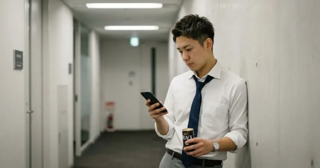 オフィスの廊下で休憩中に缶コーヒーを持ちながら、物思いにふけるようにスマホを見る新社会人の男性