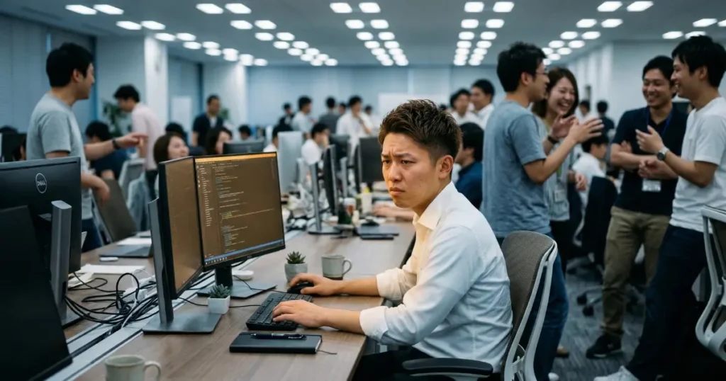オフィスのデスクでパソコン画面を見つめながら、同僚の会話を背景にひとり焦りを感じている23歳の新社会人男性
