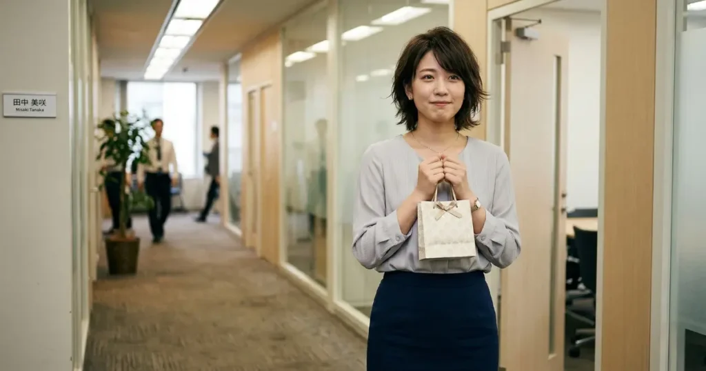 オフィスの廊下で小さなギフトバッグを胸の前に持ち、感謝を伝える勇気を出そうとしている25歳の日本人女性