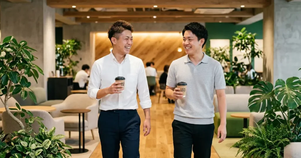 オフィスのラウンジで同期の同僚とコーヒーを片手にリラックスした会話を楽しむ新社会人の日本人男性