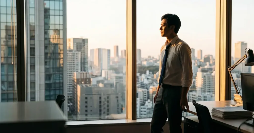 午後のオフィスの窓際に立ち、夕日に照らされながら物思いにふける27歳の日本人男性会社員