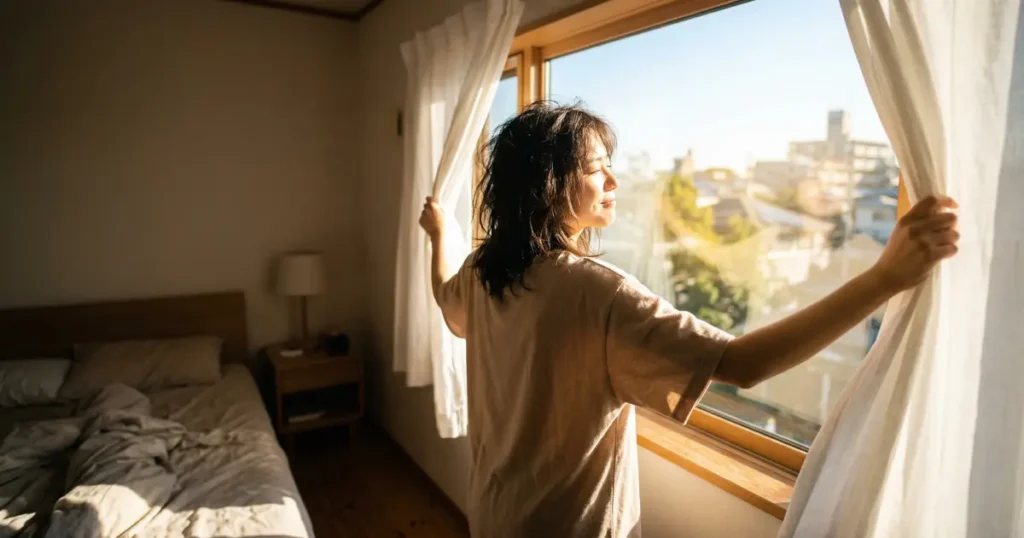 朝カーテンを開けて光を浴びる若い女性