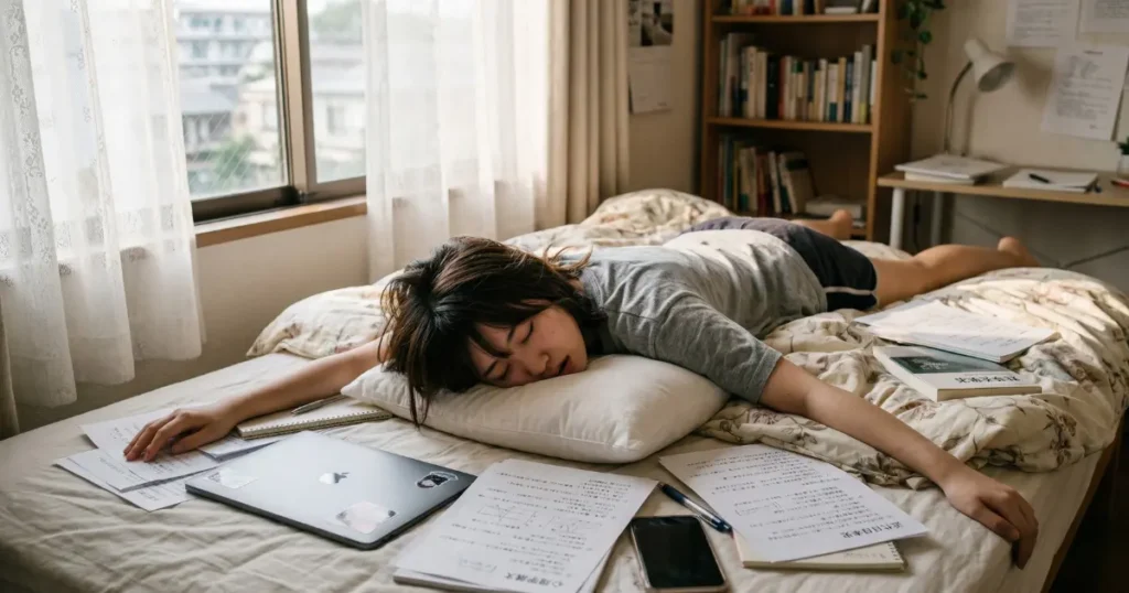 先延ばしの疲労感でベッドに倒れ込む大学生の女性