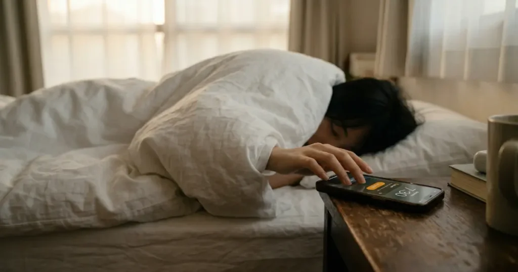 朝、布団から手だけ出して目覚ましを止めようとする女性