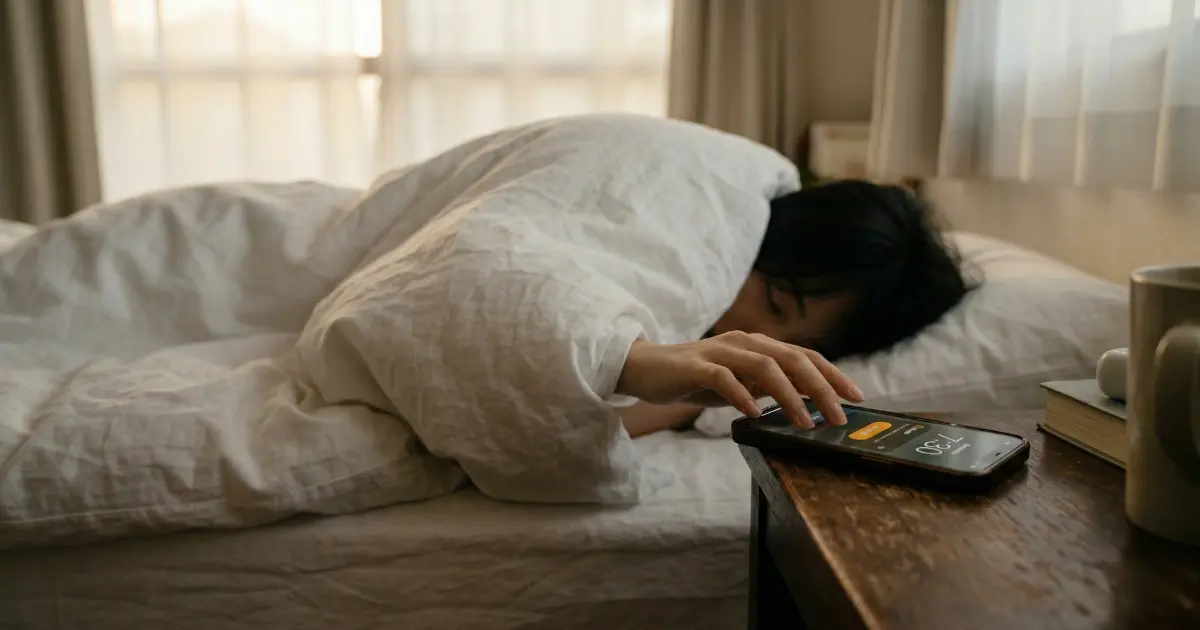 朝、布団から手だけ出して目覚ましを止めようとする女性