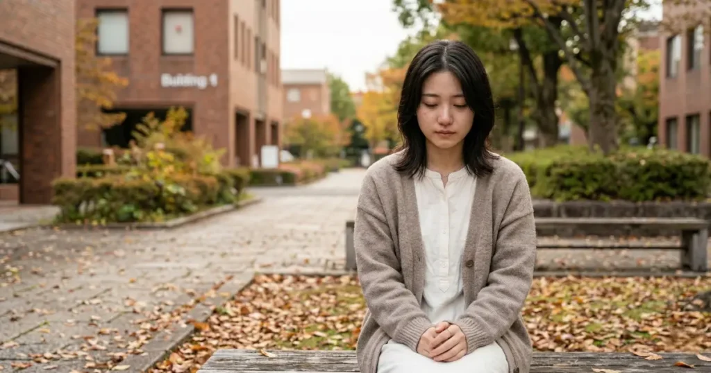大学の中庭で自分の感情と静かに向き合う女性