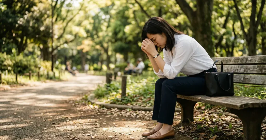 怒った後の自己嫌悪を感じながら公園のベンチで考え込む女性