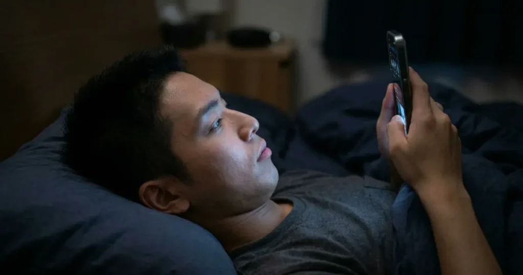 夜ベッドでSNSを見つめる若い男性の横顔