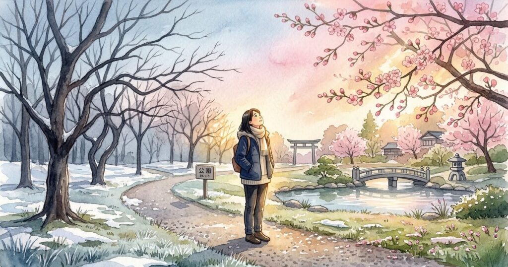 冬から春へ移り変わる公園で空を見上げる人の水彩画