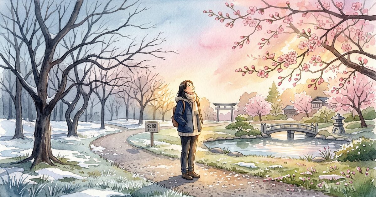 冬から春へ移り変わる公園で空を見上げる人の水彩画