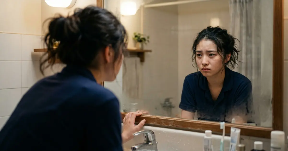 洗面台の鏡の前で自分を見つめる女子高校生