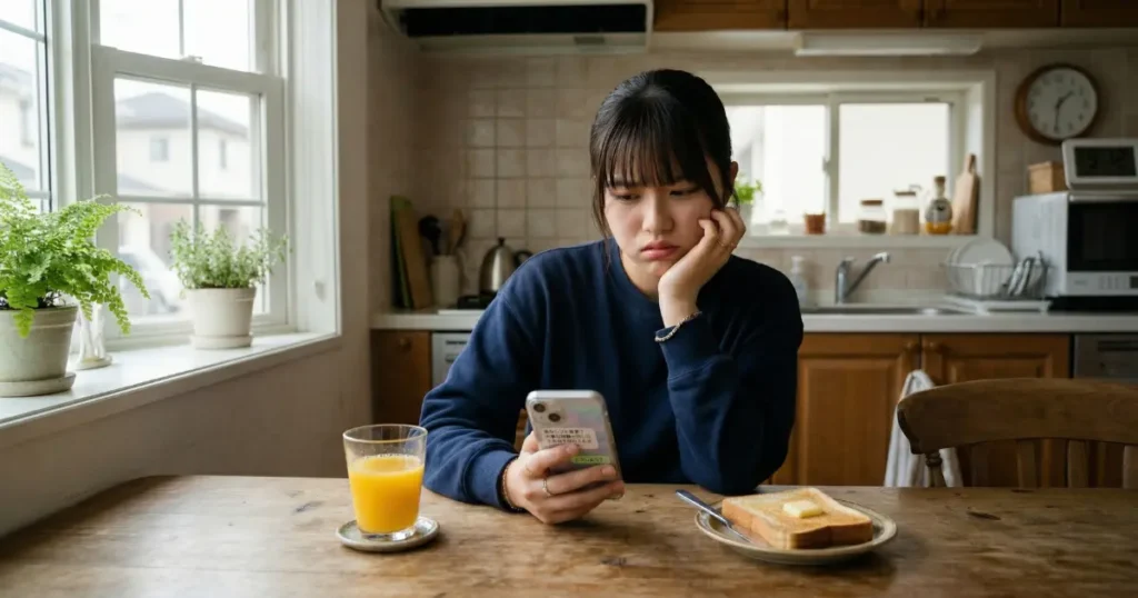 朝食の席でシフト通知を見つめ葛藤する高校生の女性