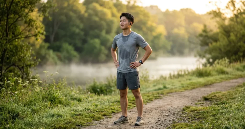 朝のジョギング後に静かな達成感を見せる若い男性