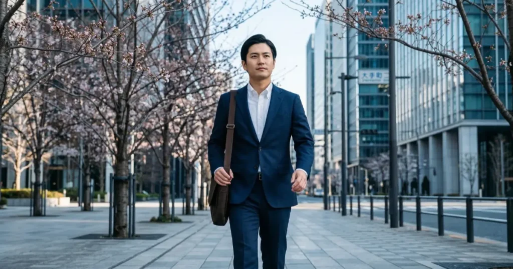 早春の朝のビジネス街を、前を向いた力強い歩幅で歩く27歳の日本人男性会社員