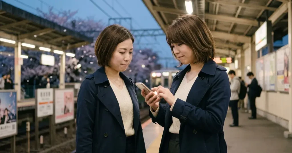 春の夕暮れの駅のホームで感謝のメッセージを打とうとしている25歳の日本人女性