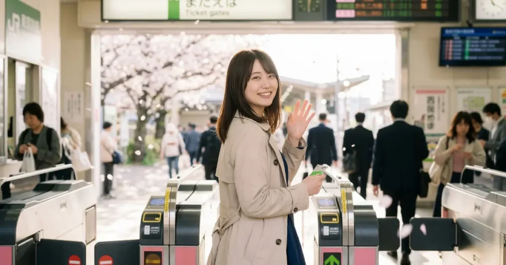 春の朝の駅の改札口で振り返り、明るい笑顔で手を振る20歳の日本人女子大学生