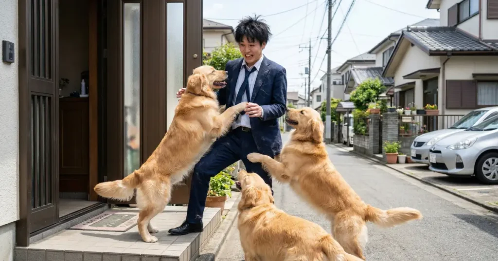 訪問販売先で犬にスーツを破かれるエピソードのイメージ