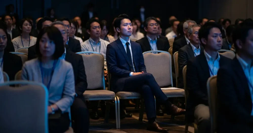 セミナー会場で衝撃を受け自己を見つめ直す瞬間のイメージ