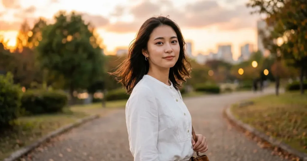 夕暮れの中で穏やかな表情を見せる若い女性